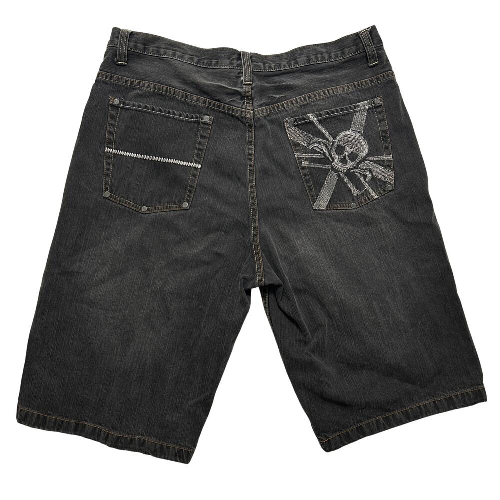 VTG Y2K 00's Route‎ 66 Skull Embroidered Wide Leg Denim Jean Shorts Black 38
